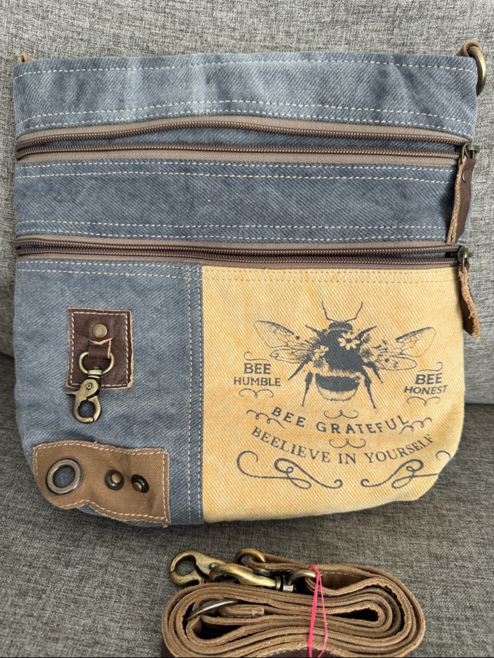 Canvas Crossbody Bag - Blue and Tan - Bee Grateful Design